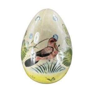 Mexico Folk Art Pottery Large Egg With Birds Figurine Hand Made Painted Decor